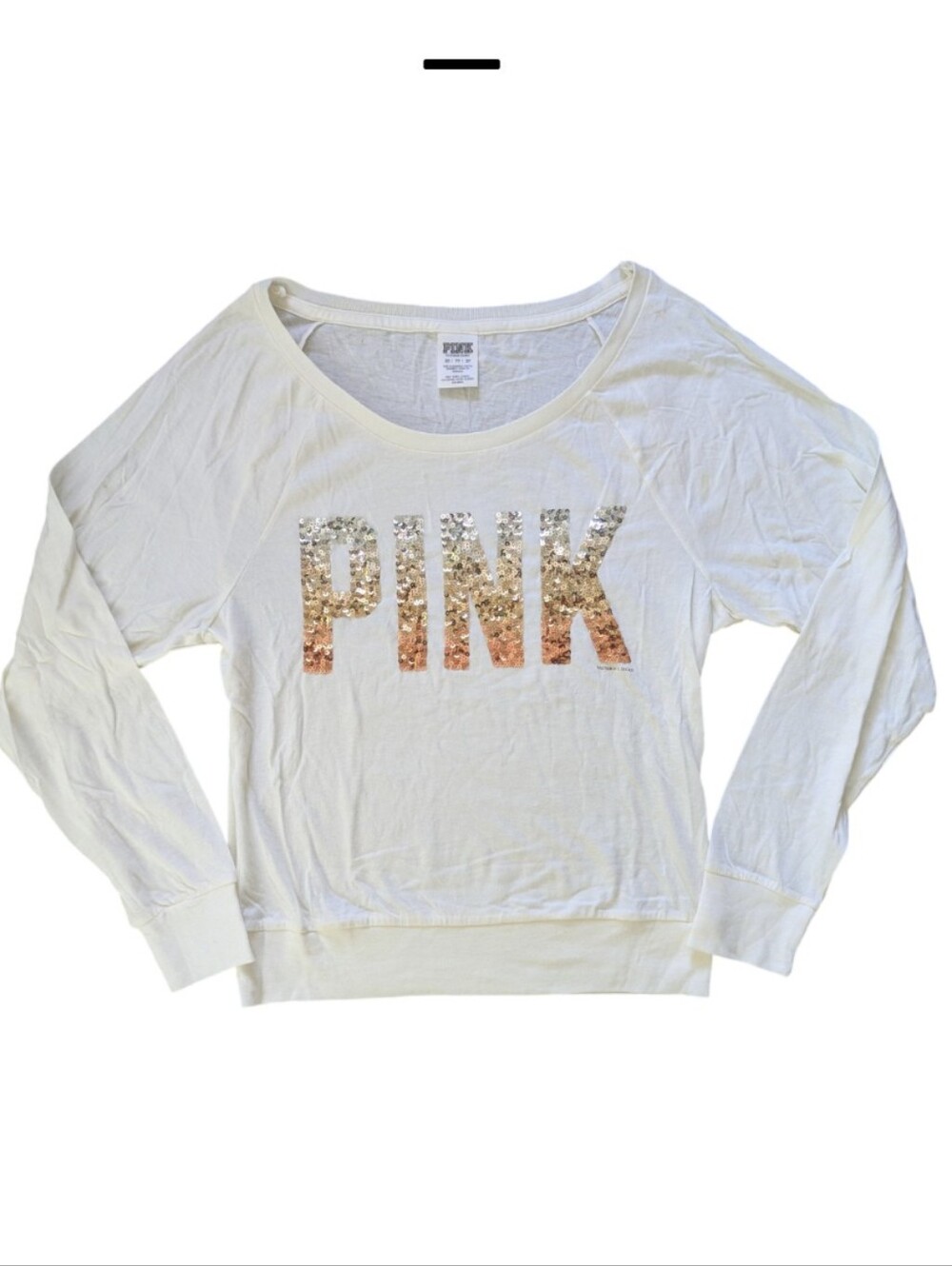 PINK Victorias Secret Off White Long Sleeve Sequin Ombre Bling Logo Top Xs Flaw